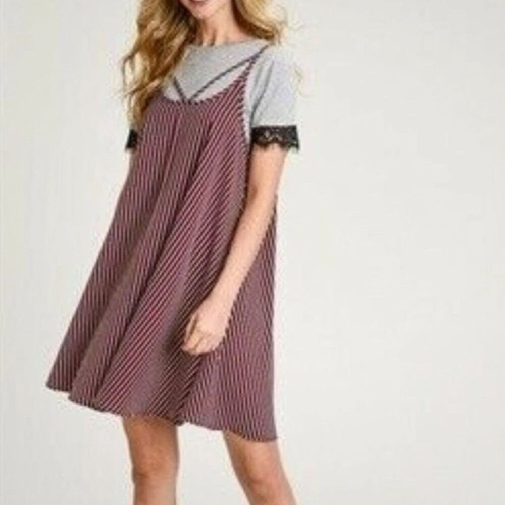 Hem & Thread Striped Mini Slip Overlay T-Shirt Dress Gray Red Small